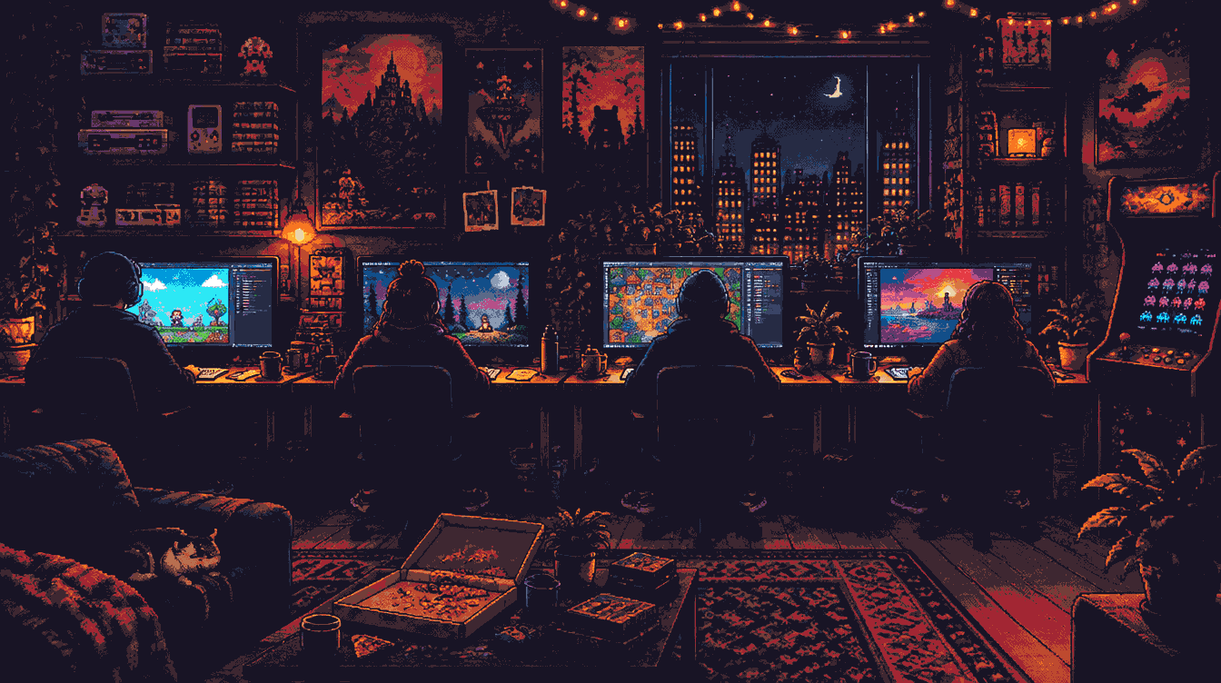 Pixel art of four friends at a row of monitors in a cozy game room packed with retro consoles, posters and an arcade cabinet, with the city lit up outside.