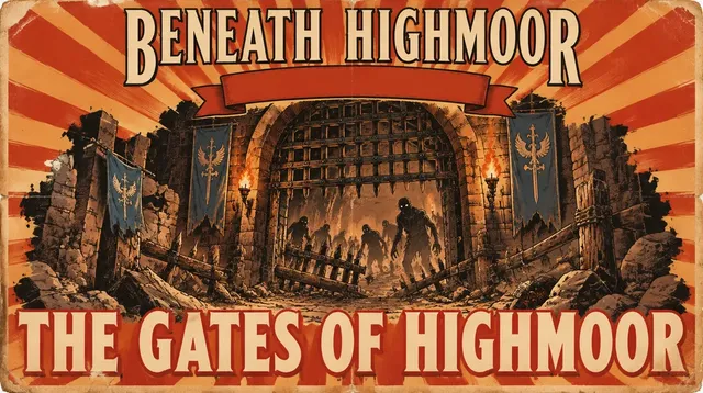 Floor 1 title card: The Gates of Highmoor, a painted matinee poster