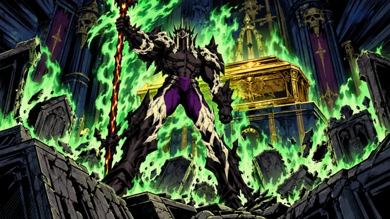 The Death Lord rises over a golden coffin in green flame