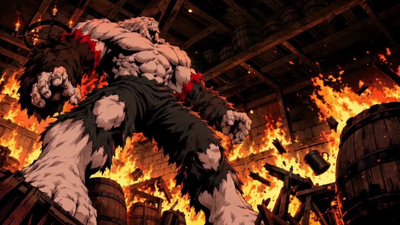 Grotch the Ogre roars in a burning cellar