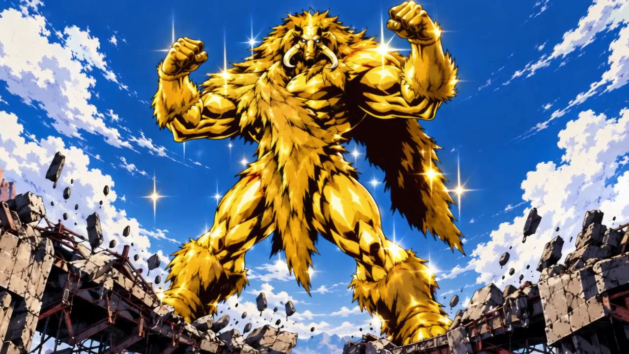Mudgut the Golem flexes in a shower of gold under a blue sky
