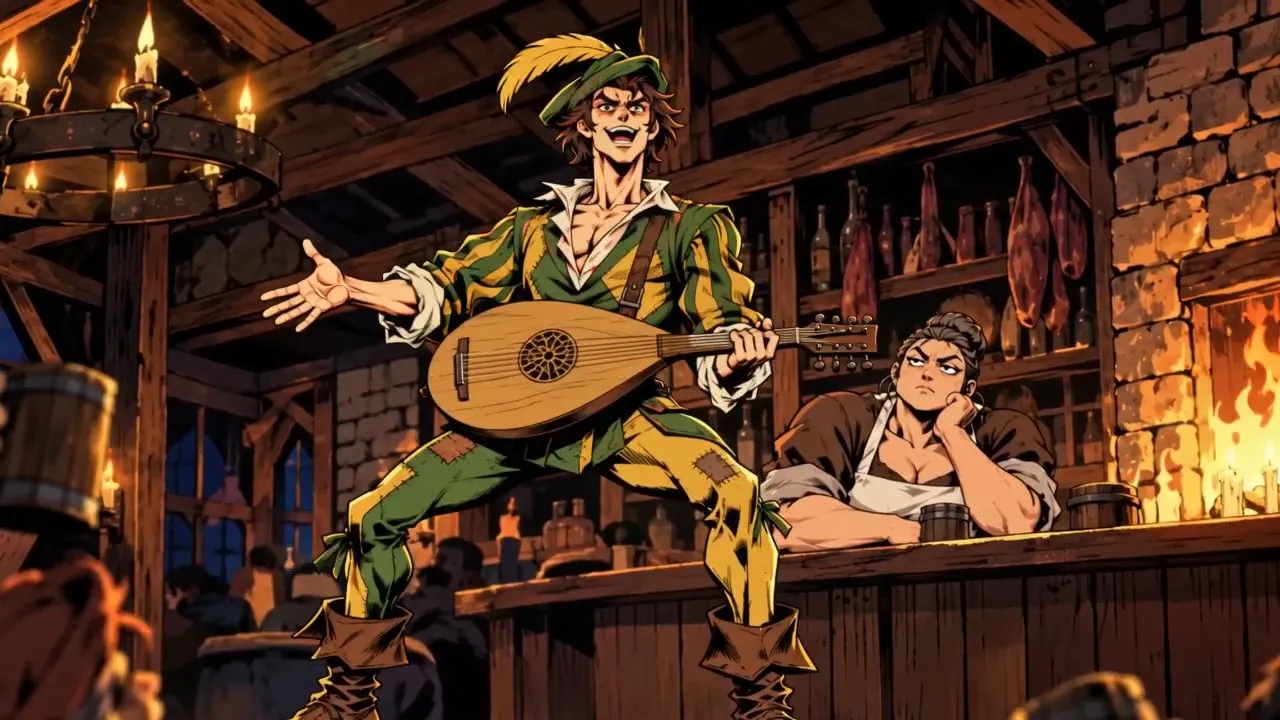Pip the bard stands on a tavern table with his lute while Magda the barmaid rolls her eyes