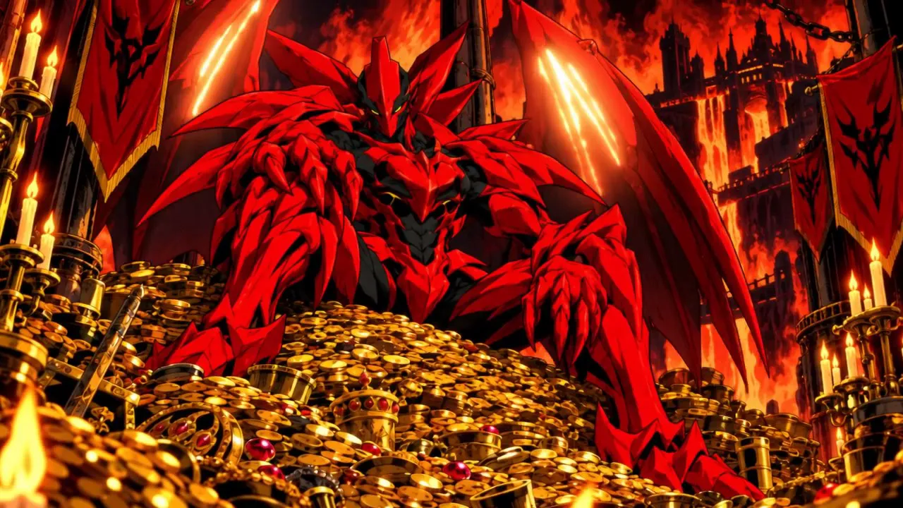 Vharzul the Winged, a red demon, crouches on a mountain of gold