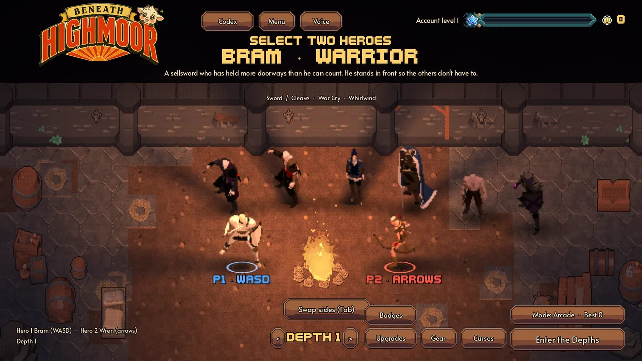 Hero select at the campfire: Bram on P1 WASD and Wren on P2 arrows, six more heroes waiting
