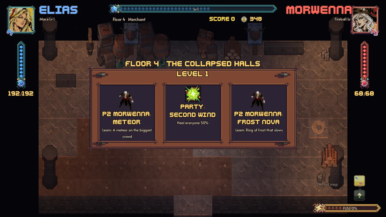 Level-up cards offering Morwenna&rsquo;s Meteor, the party&rsquo;s Second Wind and Morwenna&rsquo;s Frost Nova