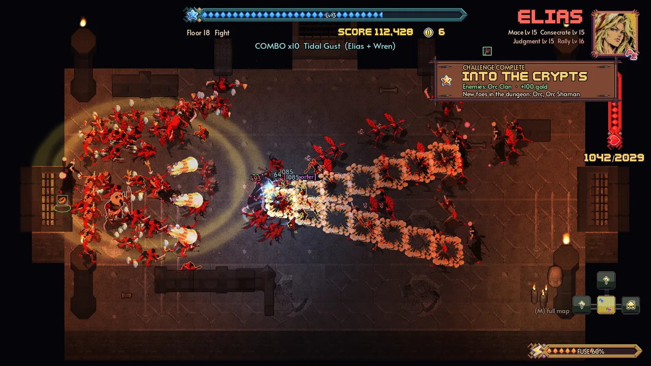 Elias and Wren hold off a red swarm of imps in the Burning Deep with a Tidal Gust