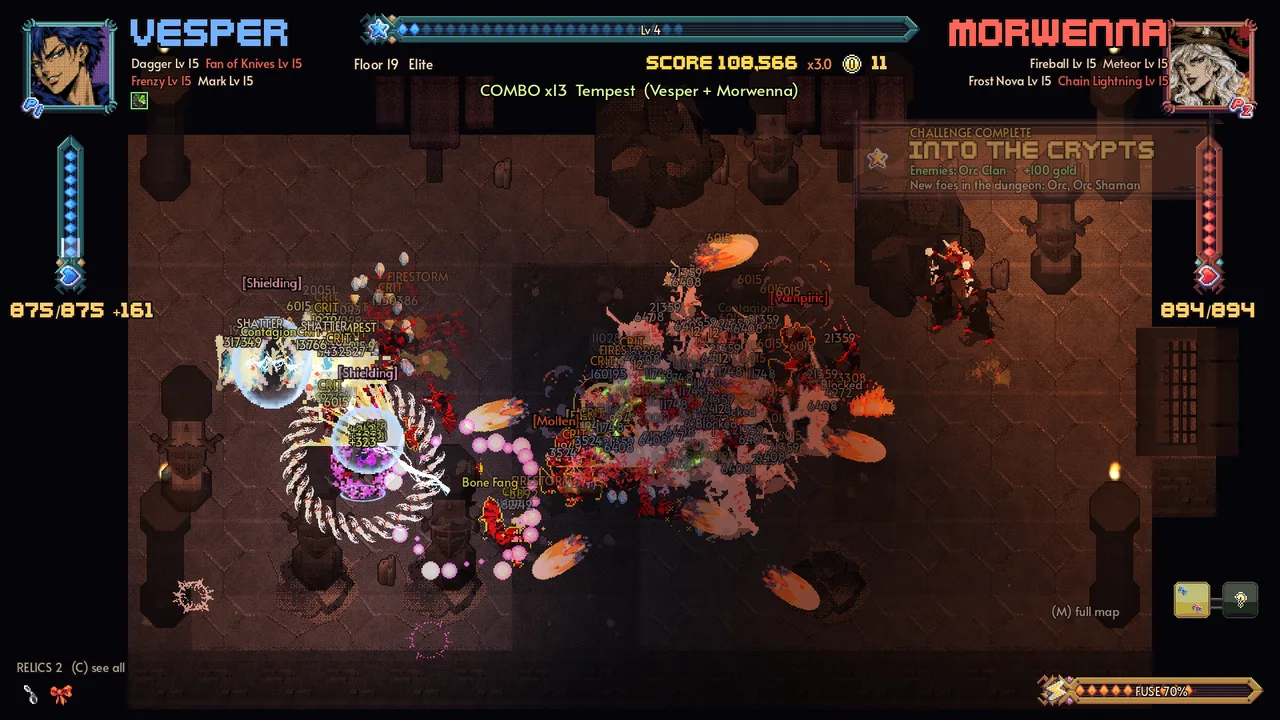 Vesper and Morwenna chain a 13-hit Tempest combo on floor 19
