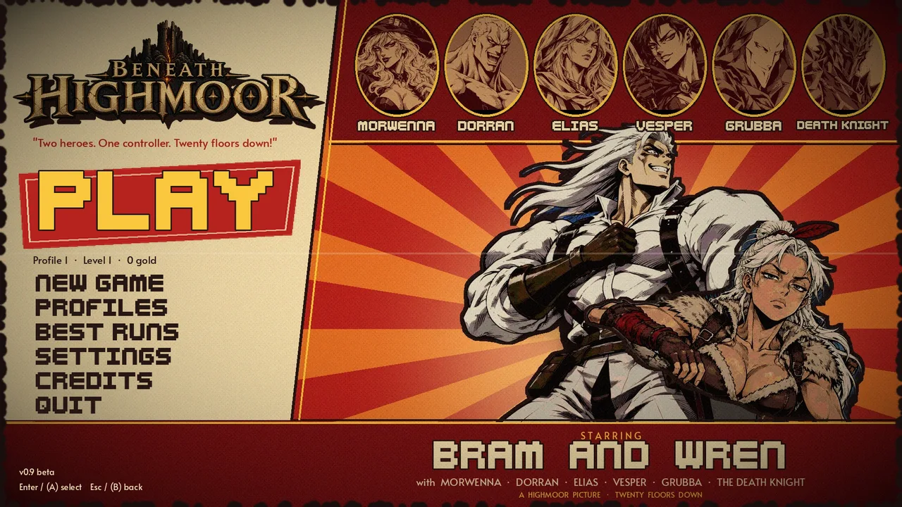 The Beneath Highmoor title screen, a red matinee poster starring Bram and Wren