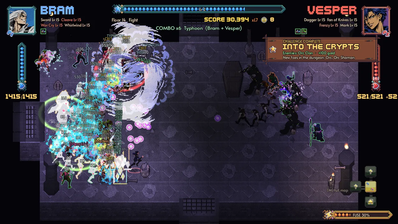 Bram and Vesper&rsquo;s Typhoon tears through a crypt pack on floor 14 while crits stack up
