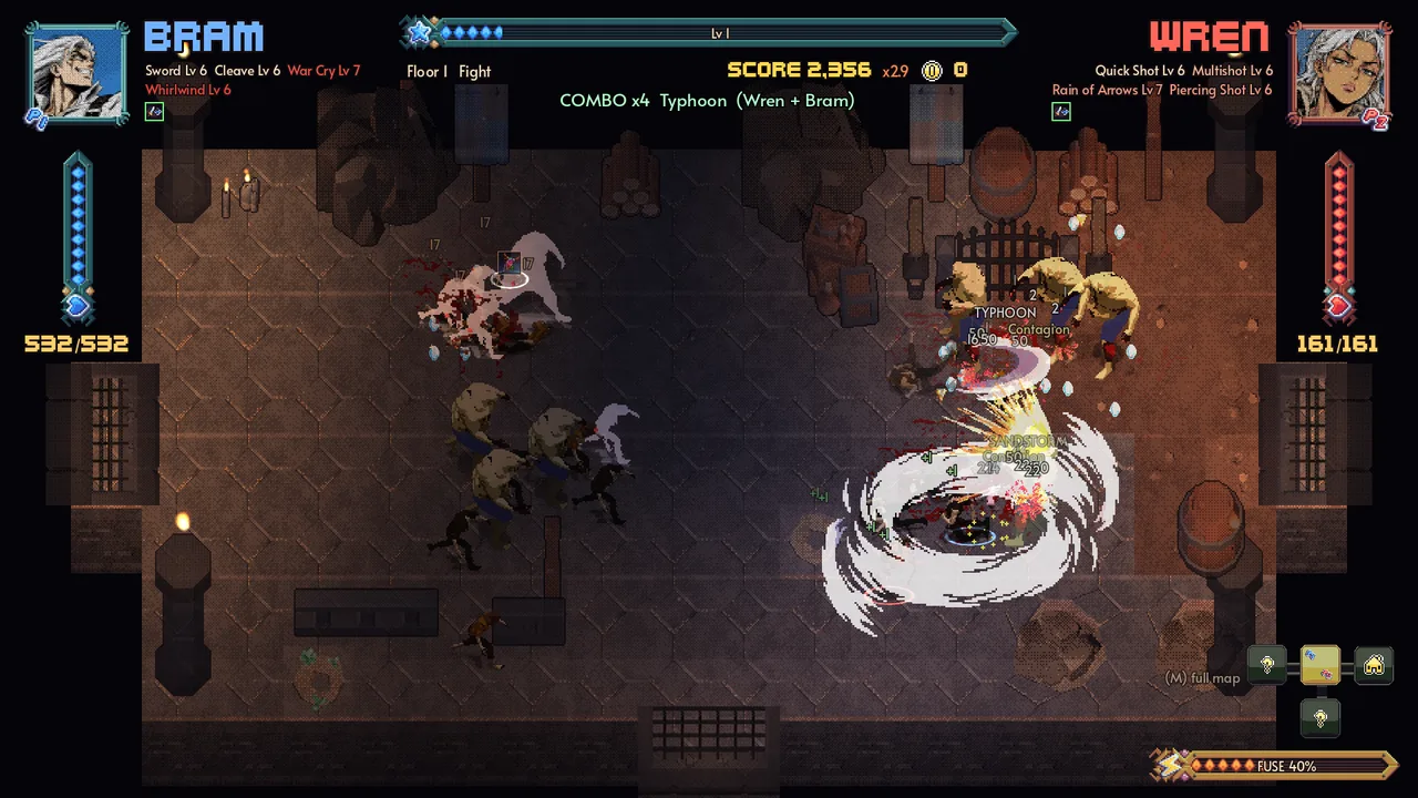 Bram and Wren fight side by side on the first floor and set off a Typhoon combo