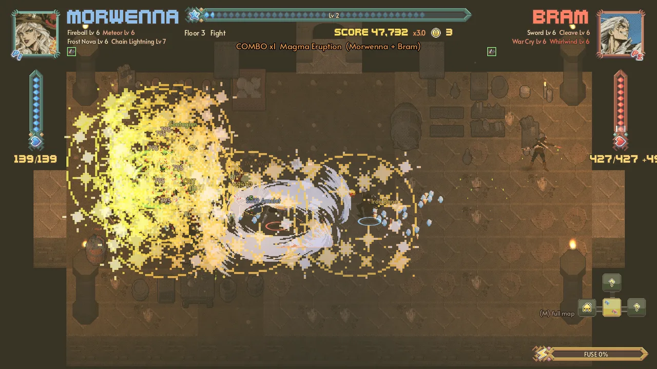 A Fuse burst floods the whole room with golden light as Morwenna and Bram hit every foe at once