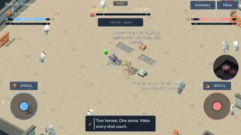Wizard and Golem side by side in a dungeon arena as enemies close in from every side