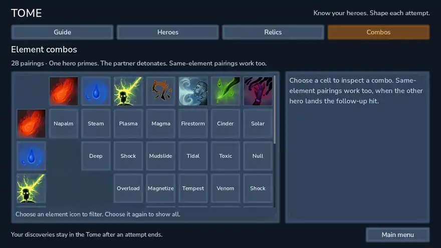 The Tome's combo grid showing element pairings like Napalm, Steam, Plasma and Firestorm