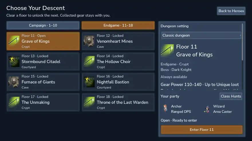 Floor chooser listing endgame floors such as Grave of Kings and Throne of the Last Warden