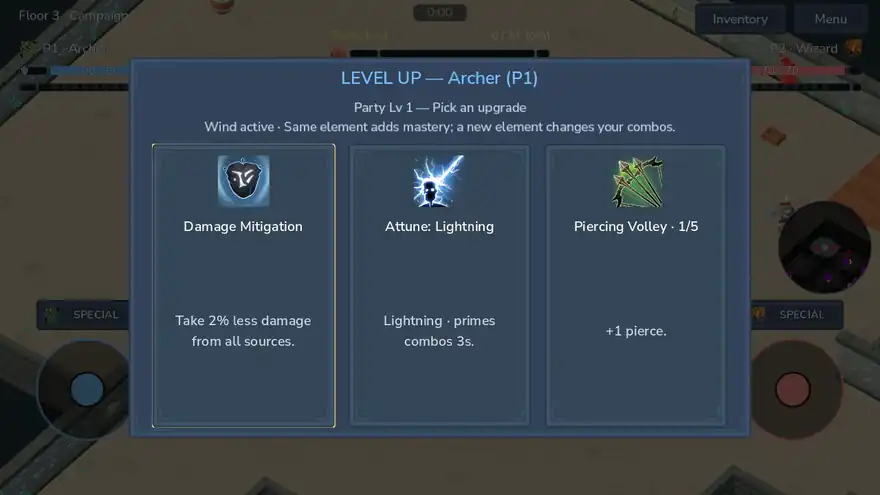 Level up screen offering Damage Mitigation, Attune Lightning and Piercing Volley