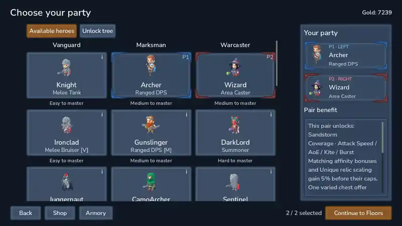 Party selection screen showing heroes in Vanguard, Marksman and Warcaster columns