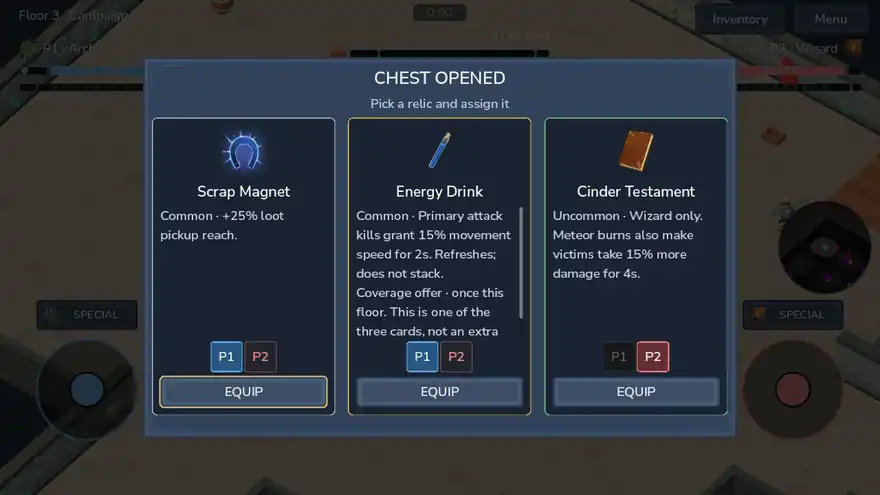 Chest opened screen offering three relics, each assignable to player one or player two