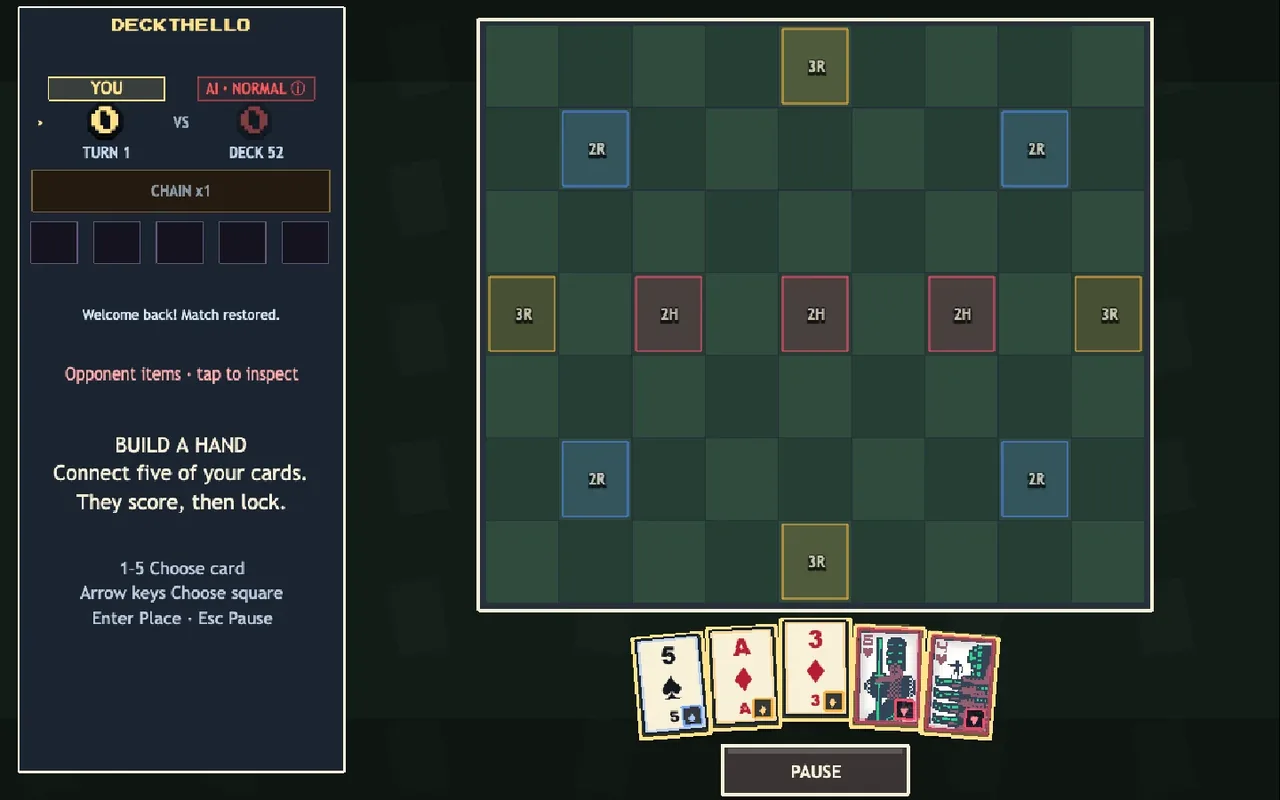 Deckthello match against the AI: a 7 by 7 board with bonus squares and a hand of five playing cards below.