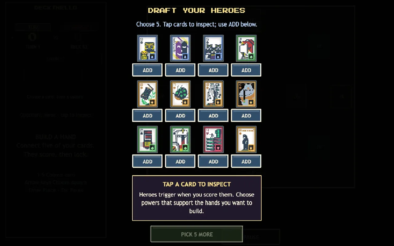Deckthello hero draft: a grid of pixel-art hero cards with Add buttons and a Tap a card to inspect panel.