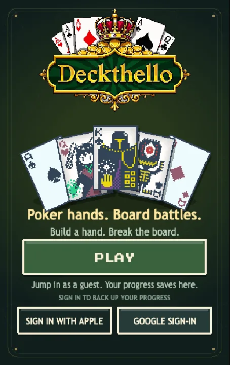Deckthello title screen with the crowned logo, a fan of pixel-art cards and a Play button.