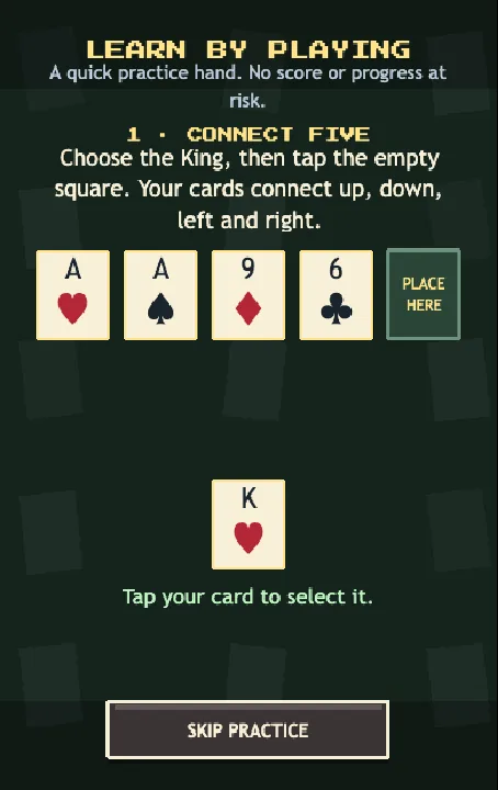 Deckthello practice hand teaching Connect Five: four cards in a row with an empty square for the King of hearts.