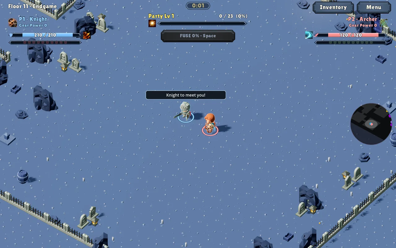 Dual Fuse Windows build: Knight and Archer start Floor 11 in a snowy graveyard, with both health bars, the party level and the Fuse meter on screen.
