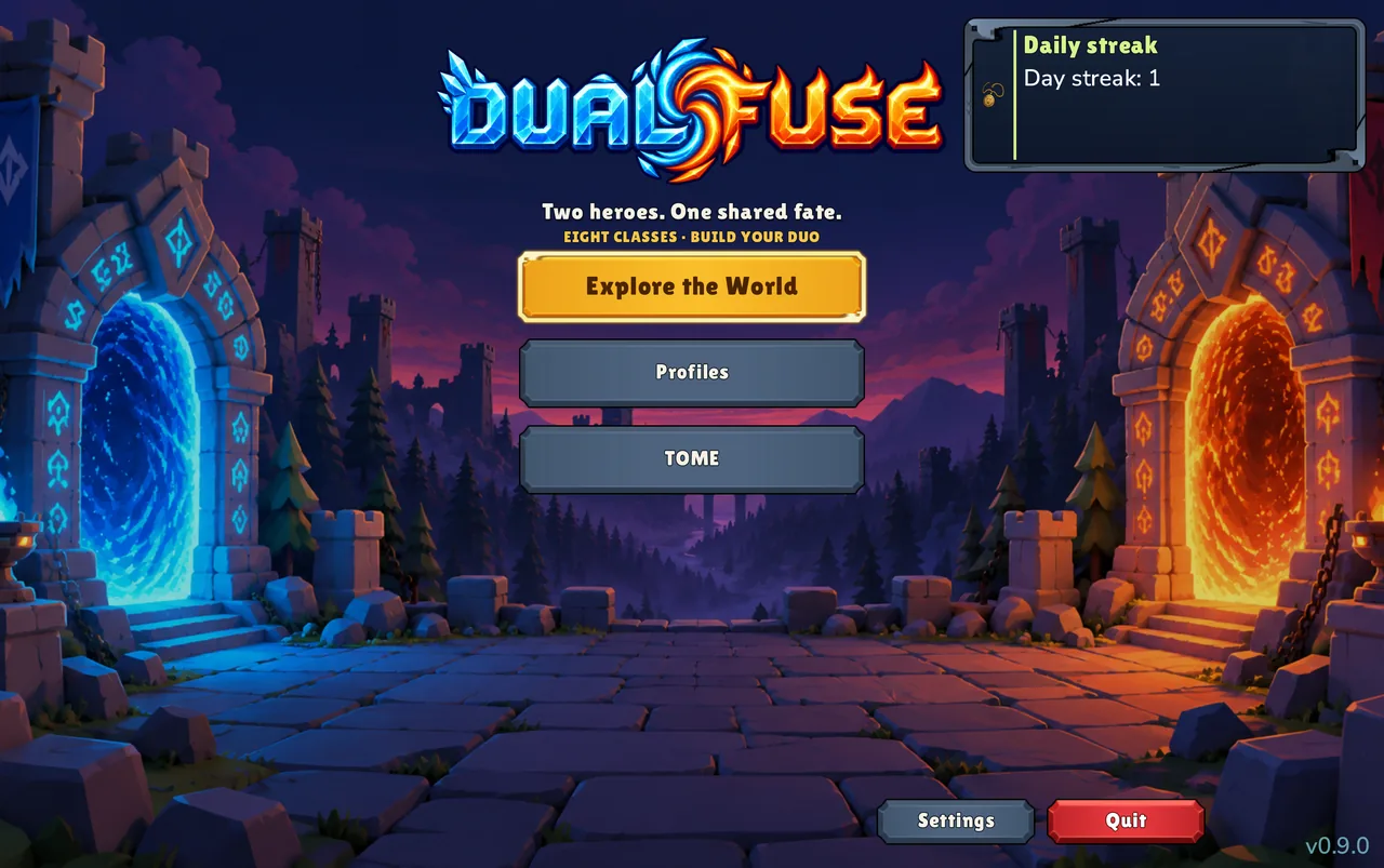 Dual Fuse main menu: the logo between a blue ice portal and an orange fire portal, with Explore the World, Profiles and Tome buttons.