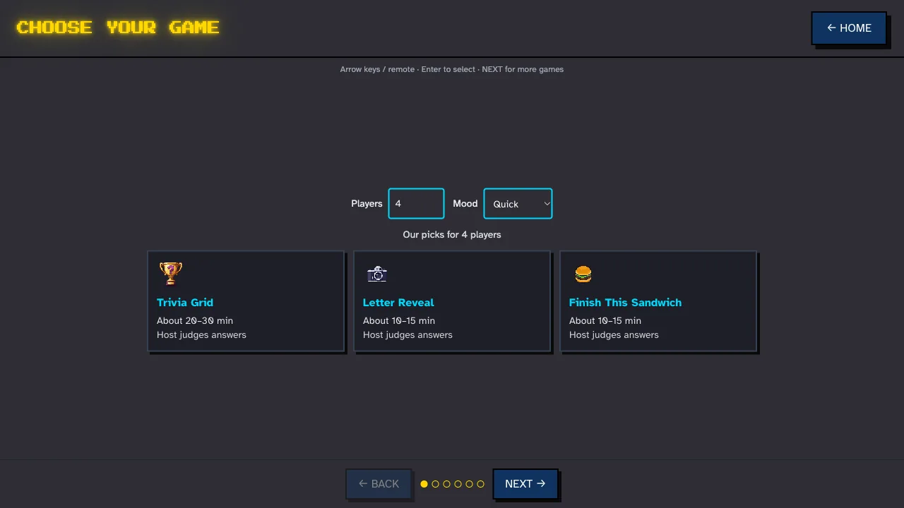 Gather Games Choose your game screen recommending three games for four players.