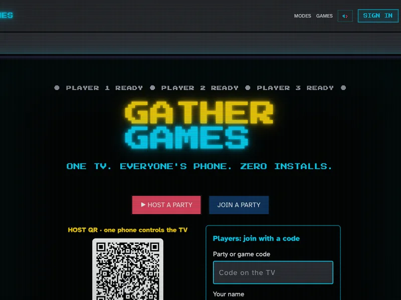 Gather Games home screen: the arcade-style logo, Host a party and Join a party buttons, and a QR code for phones.
