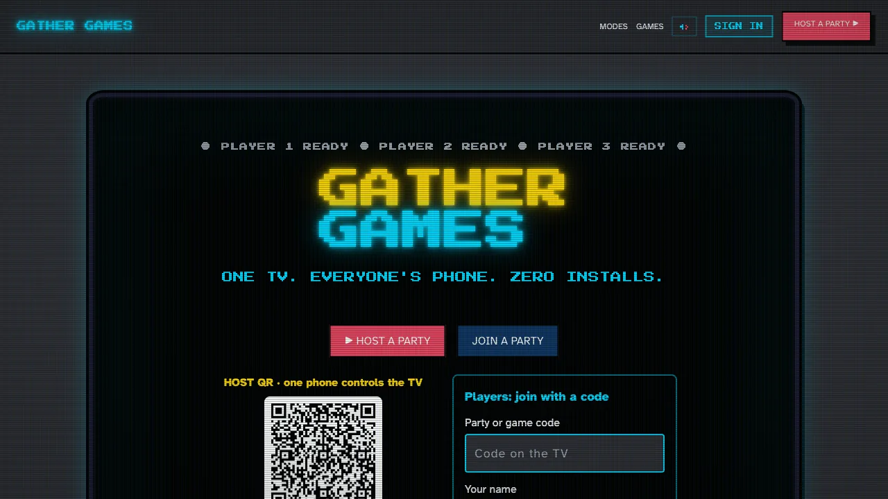 Gather Games home screen: the arcade-style logo, Host a party and Join a party buttons, and a QR code for phones.