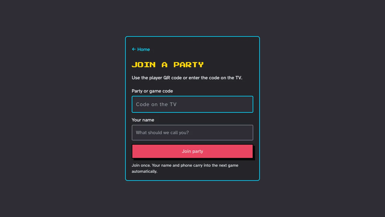 Gather Games Join a party screen where players type the code shown on the TV and their name.
