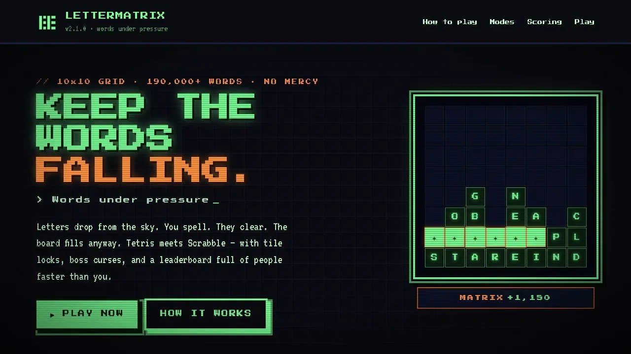 LetterMatrix home page: Keep the words falling, with a preview board spelling STARE and a Play now button.