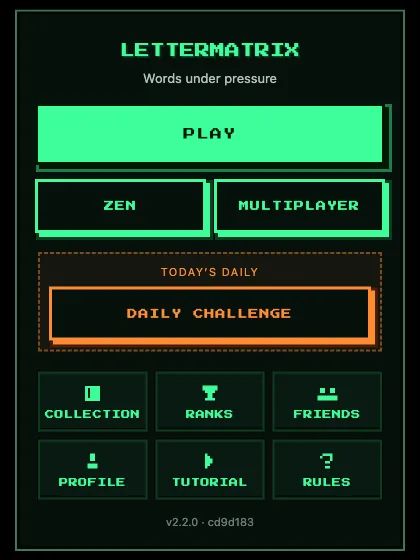 LetterMatrix main menu with Play, Zen, Multiplayer and Daily Challenge buttons.