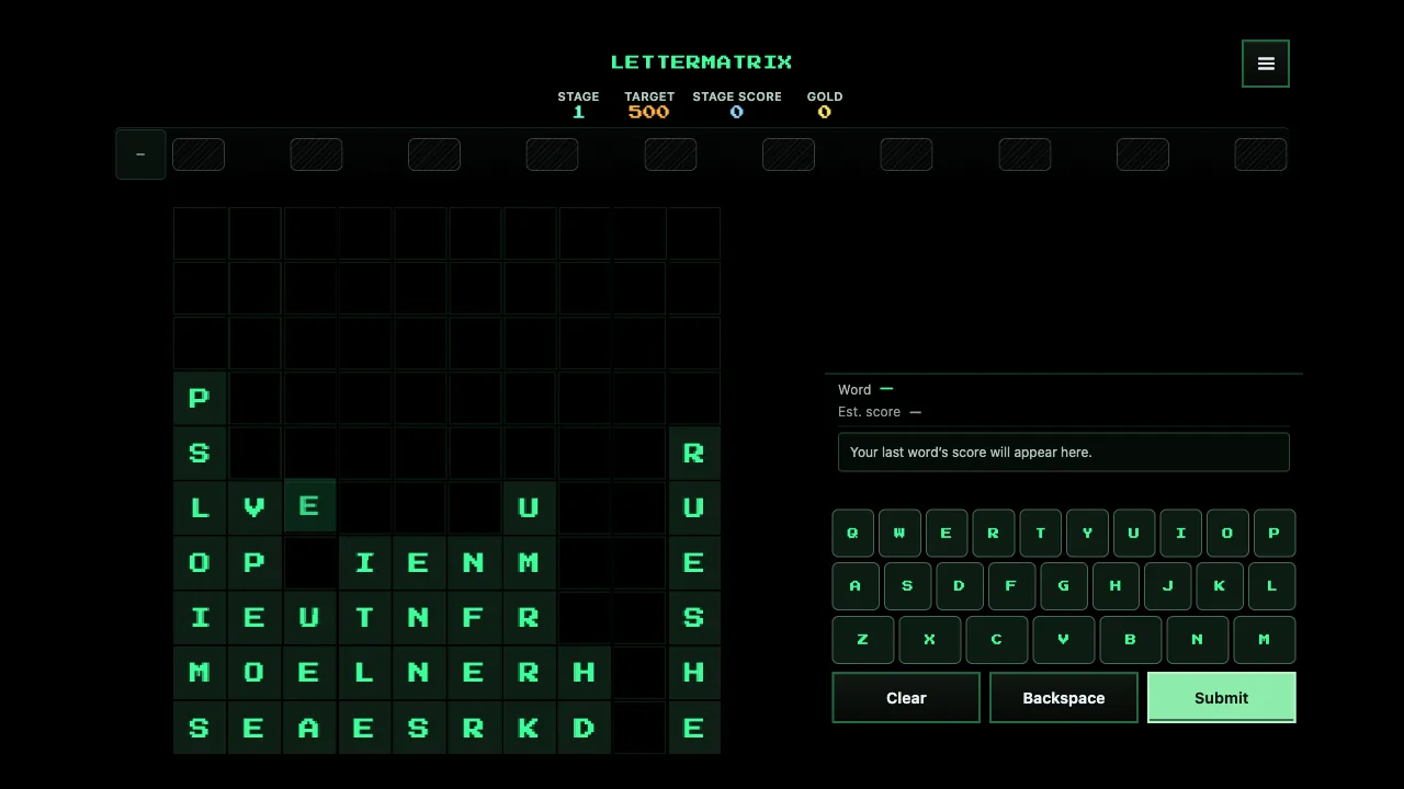 LetterMatrix in play: green letter tiles stack up on a 10 by 10 board next to an on-screen keyboard and the stage target of 500.