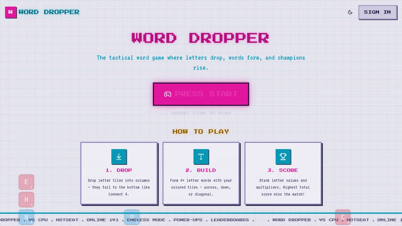 Word Dropper title screen in light mode with the How to play steps.